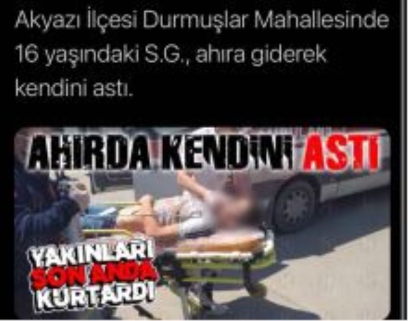 Akyazı`da 16 Yaşındaki Genç Kendini Astı